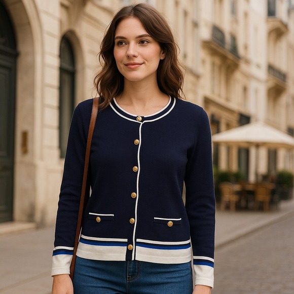 Karen Scott Sweaters - Karen Scott Cardigan Sz M Contrast Trim Navy Blue Cottagecore Nautical Preppy